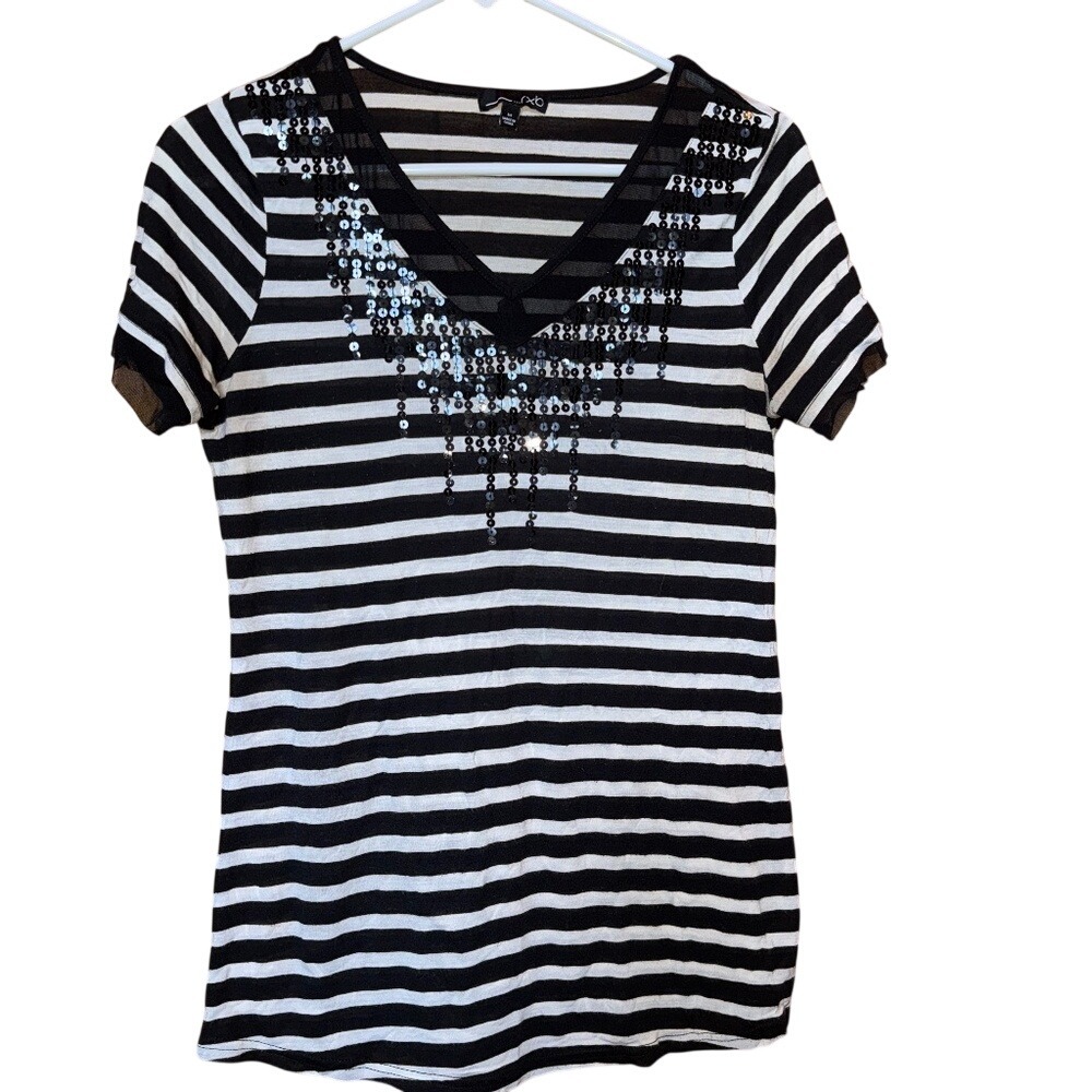 rxb Womens Black White Striped Sequin V-Neck Mesh Trim Short Sleeve Top Size M